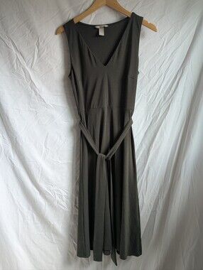 H&M Olive Sleeveless V-Neck Midi Dress with Tie Waist